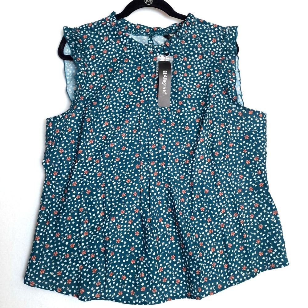 Allegra K Blouse Womens XL Teal Floral‎ Ruffle Neck Sleeveless Keyhole NWT